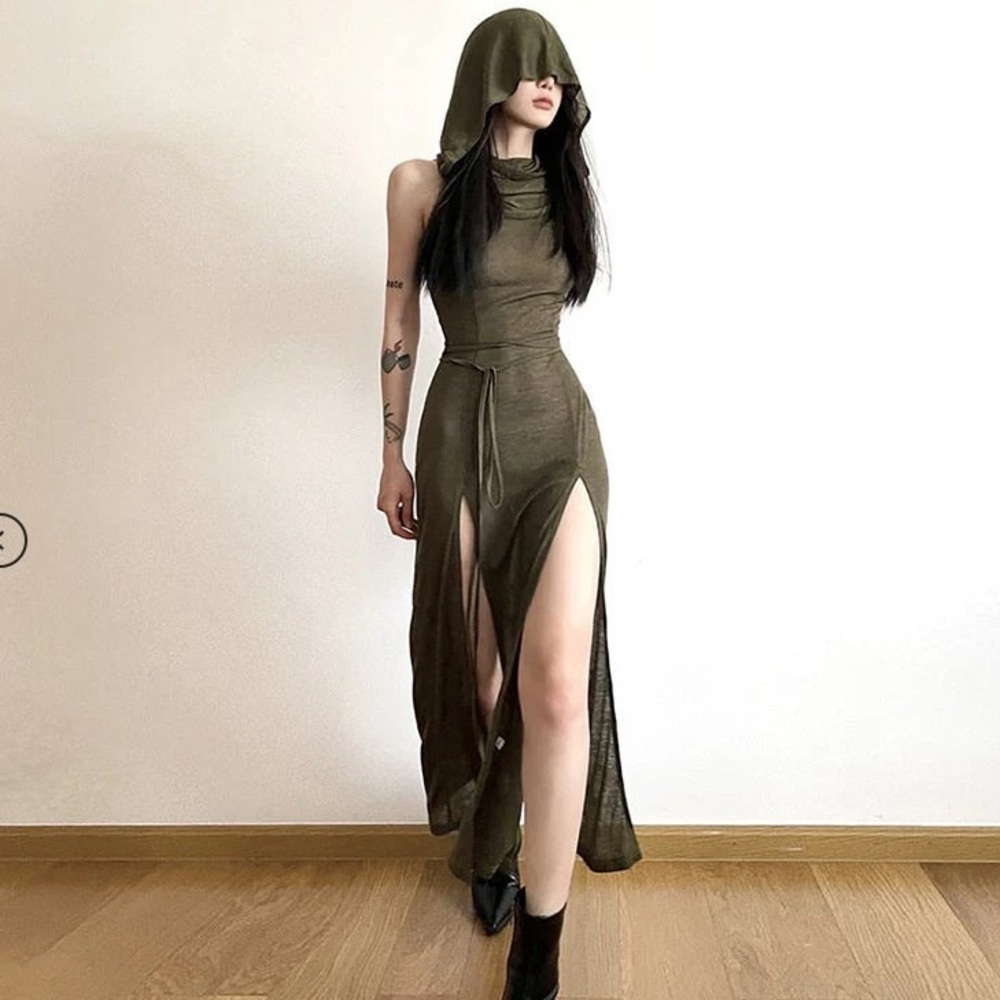 Mudsweet Hoodie sleeveless slit hollow out self tie cowl neck maxi dress